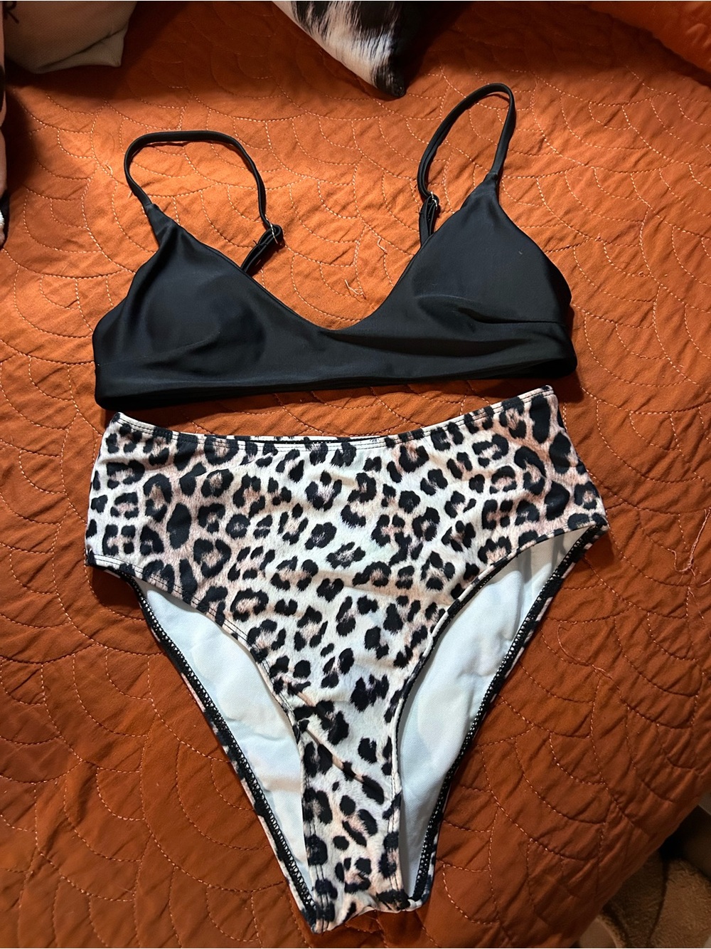 SHEIN Black Triangle Bikini Top with Leopard High-Waist Bottom